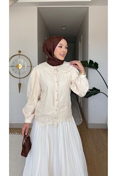 Nes Moda Kadın Bebe Yaka Detaylı Fisto Dantel Tesettür Gömlek Tunik