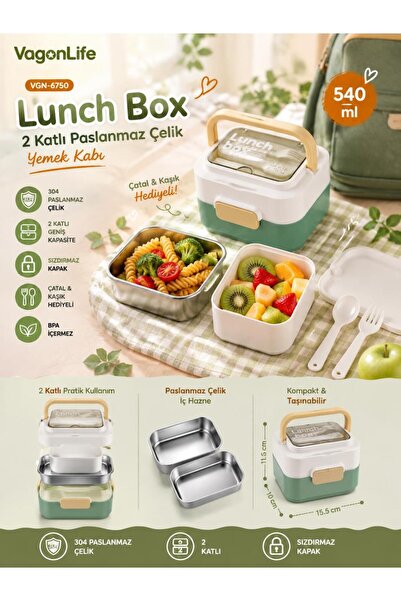 Vagonlife Vgn-6750 Green 540 ml 2-Tier Stainless Steel Lunch Box with Fork an...