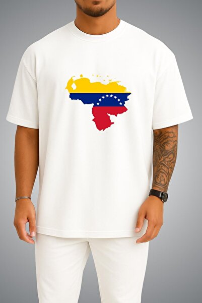 Bahriyeli Collection Oversize Venezuela Flag and Map Chest Printed Unisex T-S...
