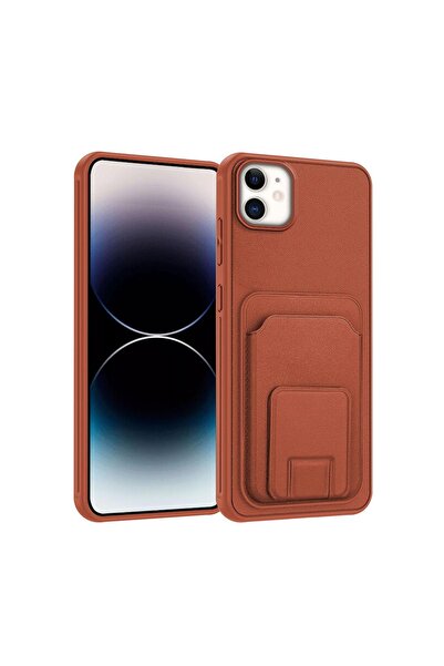Zebana Apple iPhone 12 Uyumlu Kılıf FlexStand Kartlıklı Silikon Kılıf Kahverengi