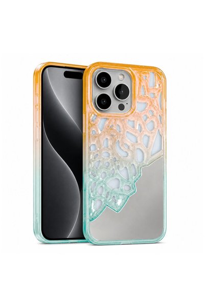 Zebana Apple iPhone 15 Pro Compatible Case Lace Mirror Silicone Case Orange