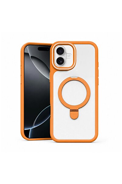 Zebana Apple iPhone 17 Uyumlu Kılıf MagRing Standlı Silikon Kılıf Turuncu