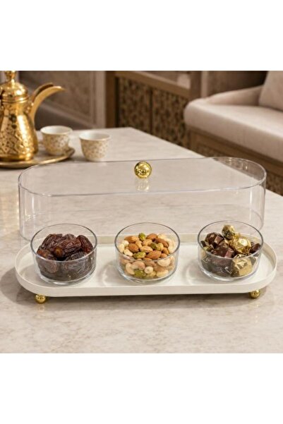 Generic طقم ضيافة عصري مع 3 أوعية زجاجية، قاعدة بيضاء، وغطاء أكريليك شفاف بمق...