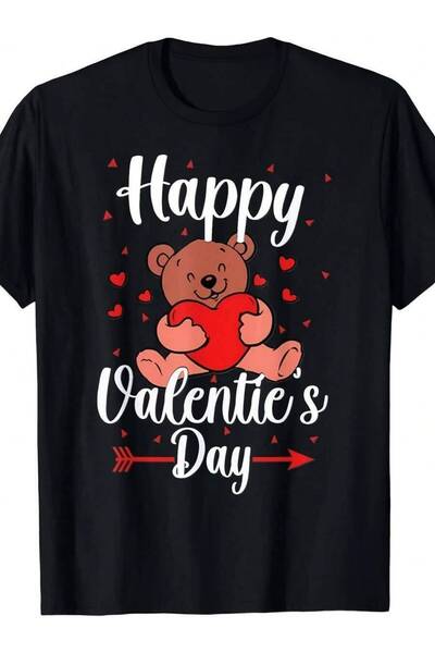 k222 Men'S Women'S Happy Day T-Shirt Cute Bear & Heart Design With "Happy Val...