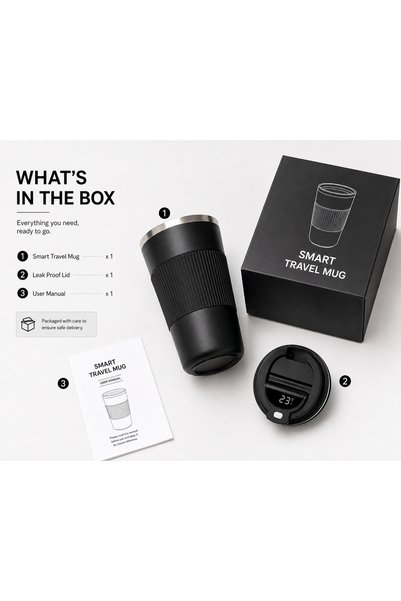 Generic Brand Cană de cafea de călătorie 510ml cu afișaj LED pentru temperatură, din oțel inoxidabil, termos izolat în vid, cu mâner anti-alunecare, capac etanș, negru.