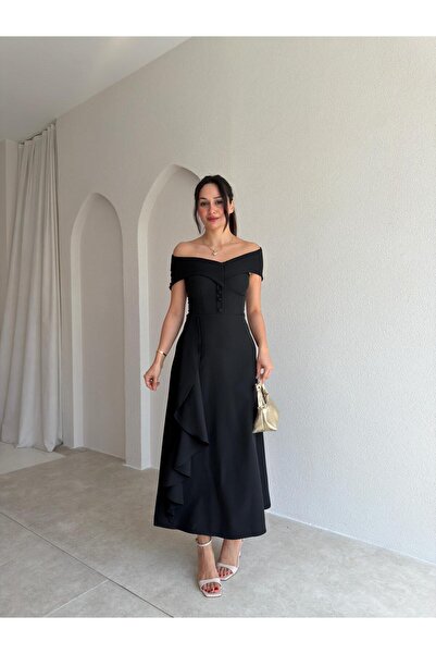 Mooi Butik Navy Madonna Collar Midi Dress 4035 - Black