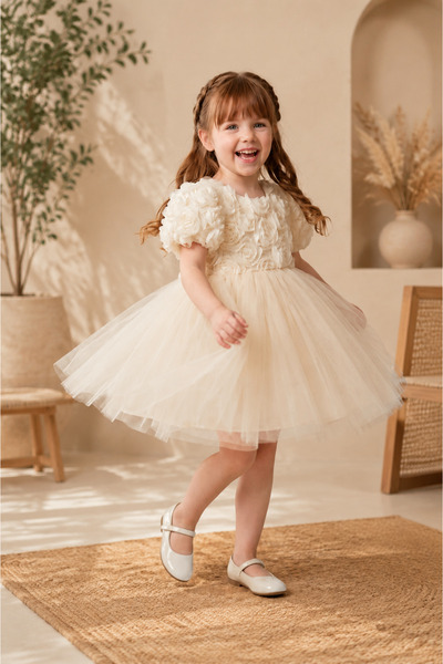 miço kids Girl's 3D Rose Detailed Tulle Evening Dress with Tulle Bow on the Back