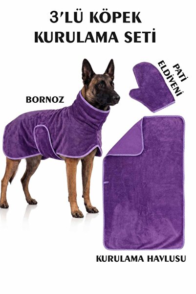 VEVİEN HOME 3-Piece Dog Drying Set Bathrobe-Towel-Paw Gloves Super Water Abso...