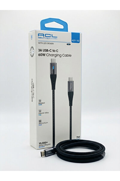 ACL Aura Akse 3A USB-C to Type-C 60W Örgülü LED Tasarımlı 2M Hızlı Şarj ve Da...