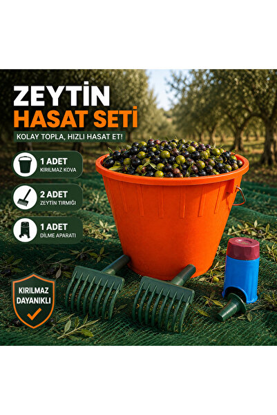 HARMAN Zeytin Hasat Seti | 1 Kırılmaz Kova + 2 Zeytin Tırmığı + 1 Zeytin Dilm...