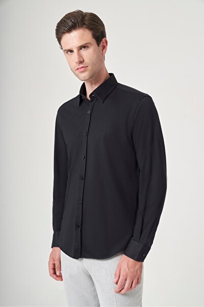 İmza قميص قطني أسود بياقة وأكمام طويلة بدون جيوب وقصة ضيقة 1004260208