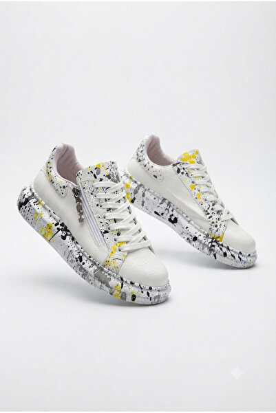 Zerenyus Zrk-X02 Premium Zippered Lace-Up Crocodile White Yellow Men's Sneaker