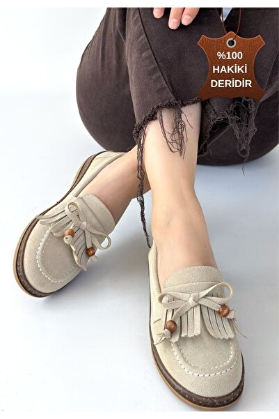 DMR Elegance Boriy Beige Leather Powder Suede Ballerina Shoes