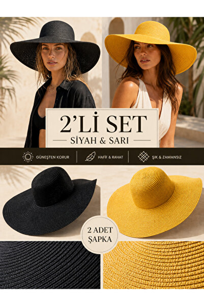 Luminos Butik Set of 2 Black Yellow Wide Brim Straw Summer Beach Hat Sun Prot...