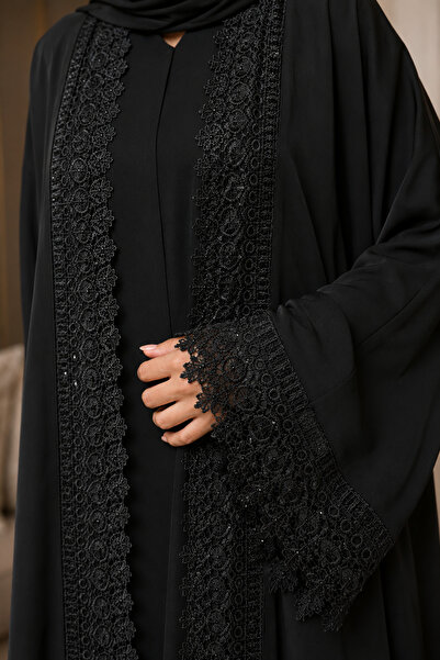 KAVALEE Women’s 2-Piece Black Abaya Set with Floral Lace Front Trim and Match...