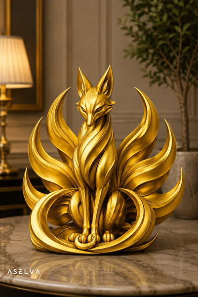 Aselva 3D Baskı Dokuz Kuyruklu Tilki Biblosu | Gold Dekoratif Tilki Heykeli |...