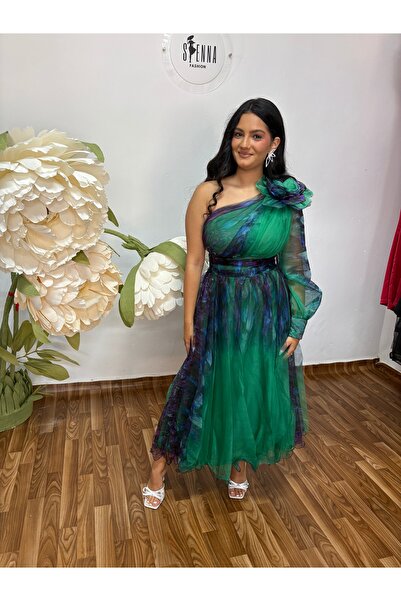 Sienna Fashion Πράσινο μονόωμο φόρεμα με βέλο και στολίδια