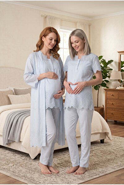 Lohusa Dünyasi Women's Blue Linen Scalloped Dressing Gown Maternity Pajama Set