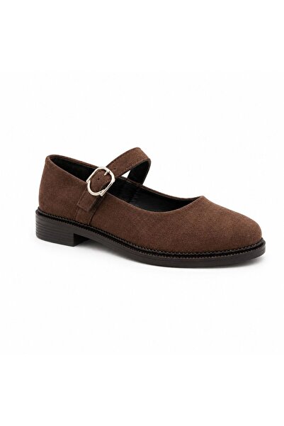 Ramer Luna Women's Brown Suede Ballerina Shoes – Buckle-Strapped Casual Elegance