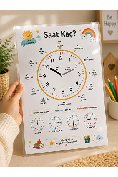 Saat Kaç? Posteri | Lamine A4 (21x30 cm) | Saat Öğreniyorum Eğitici Çocuk Posteri | Okul Öncesi ve İlkokul