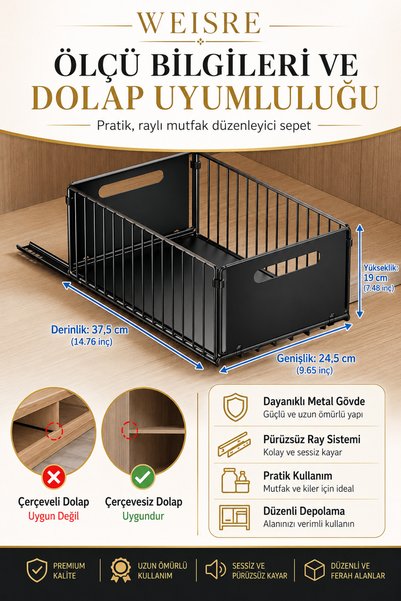 Weisre Raylı Mutfak Dolabı İçi Düzenleyici Çekmece Sepet Metal Sürgülü Organizer 25 KG Taşıma Kapasitesi Geniş Kapasite