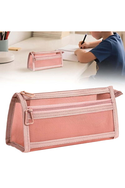 STARSTAR 2x Pink Mesh Double-Layer Transparent Pencil Cases with Handle Zippe...