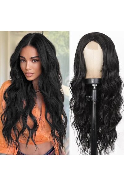 STARSTAR Women's long black wavy wig, lace center part, 26-inch natural curls...