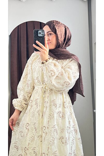 MODA S&S BZLİNE Vera Premium Nakış Dokulu Düğme detaylı Vintage tarz uzun elbise