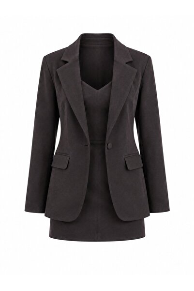 Laluvia Bitter Brown Suede Jacket Dress Set - Tk242467