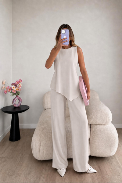 Ekim Store Linen Tied Asymmetrical Cut Vest and Trousers Set