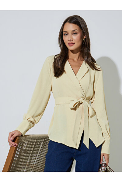 Styli Yellow Textured Long Sleeves Belted Wrap Top