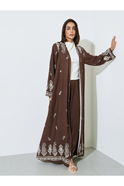 Amirah By Styli Brown Paisley Front Open Rayon Abaya