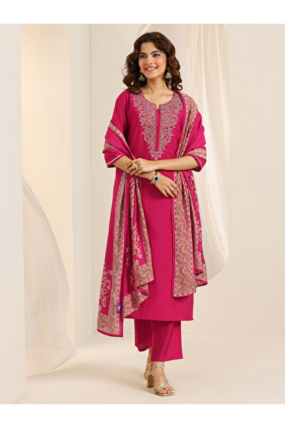 Libas By Styli Pink Yoke Design Rayon Straight Kurta, Trousers and Dupatta Set