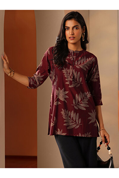 Libas By Styli Maroon Printed Silk Blend Straight Kurti