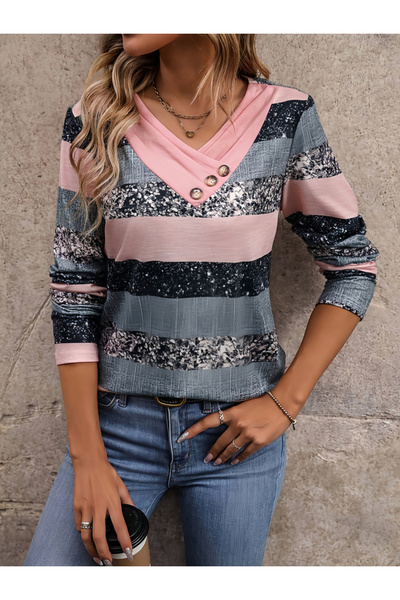 Take Two By Styli Multi Striped V Neck Long Sleeve T-Shirt
