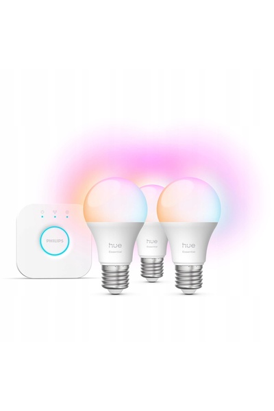 Philips Hue Bec LED E27 8W RGB inteligent 3 bucăți + mostek Esențial