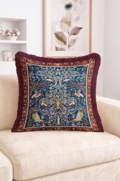 Realhomes Fringed Throw Pillow Cover with Tree of Life and Bird Figures, Flor...