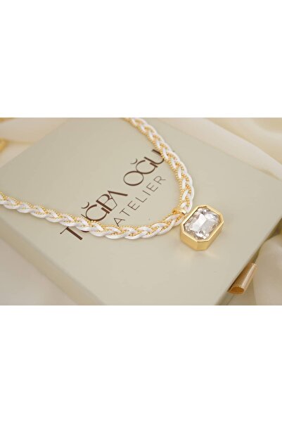 ATELİER TUĞBA Ykl138 Square Stone Cord Knitted Necklace