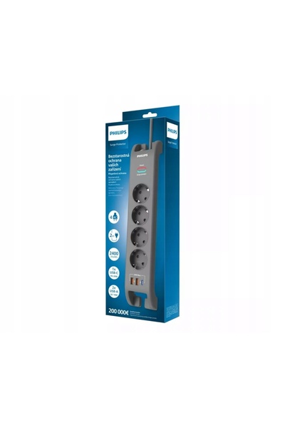 Philips Protector de supratensiune cu 4 prize, 2m, USB-C PD 20W, USB-A QC