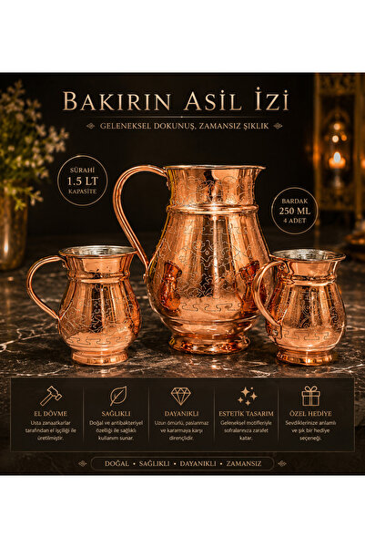 gulflower nude Bakır sürahi 4 bardak set kalaylı kutlu lüx set