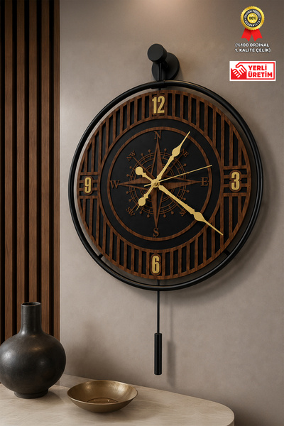 Wallover Design Orjinal Metal Vienza Pusula Desenli Sessiz Sarkaçlı Siyah/Cev...