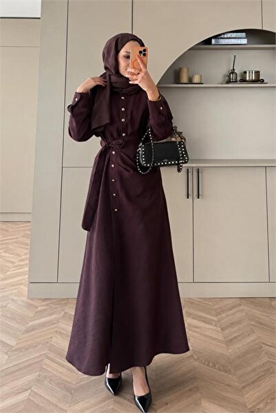 Neşeli Butik Rochie hijab pentru femei, bordeaux, cu nasturi aurii, cu detali...