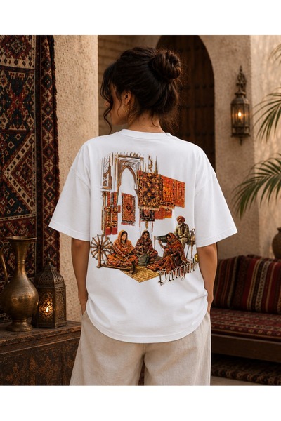ZAVIXO Unisex Oversize Anatolian Kilim Patterned Premium Cotton T-Shirt – Vin...