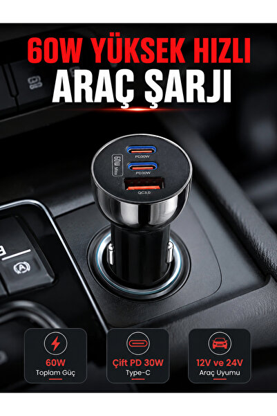 PD 30W Çift USB-C Araç Şarj Cihazı 60W Hızlı Şarj Adaptörü