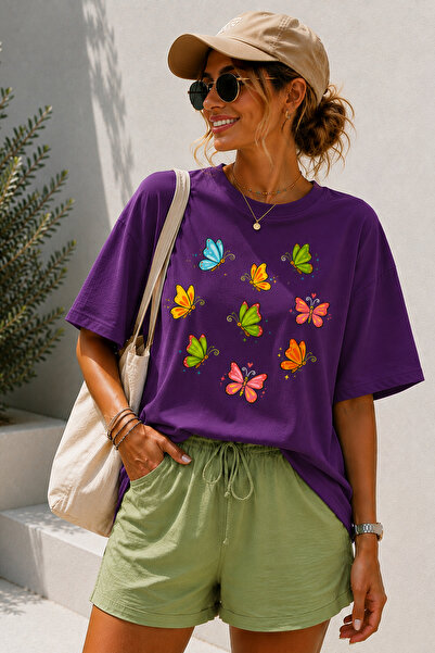 ArtYus Colorful Butterfly Printed Crew Neck Casual Unisex Oversize T-Shirt - ...