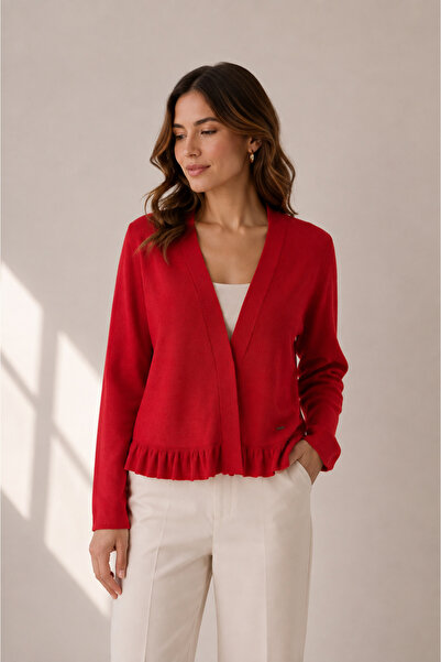 Neden Tekstil Women's Red Flywheel Detailed Knitwear Cardigan