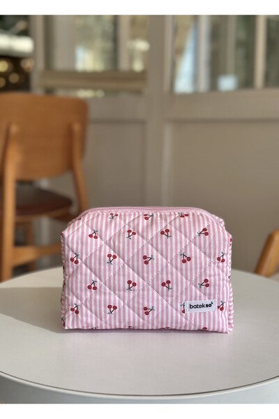 Batekso Pembe Çizgili Kiraz Desenli Makyaj Çantası - Büyük Boy