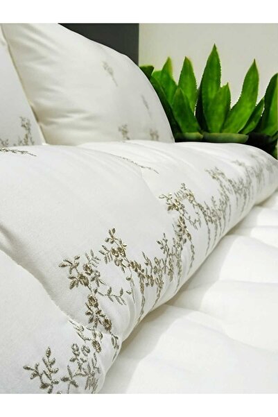 BAŞ TASARIM Sırma Gold Glitter Embroidered Cream Color Double Winter Sleeping...
