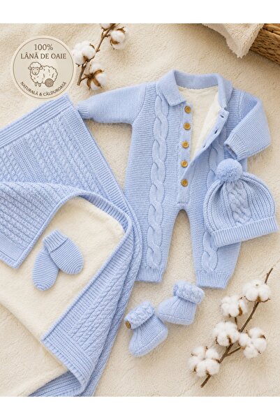 Pure Boutique Set premium pentru bebelusi din lana de oaie bleu cu combinezon...