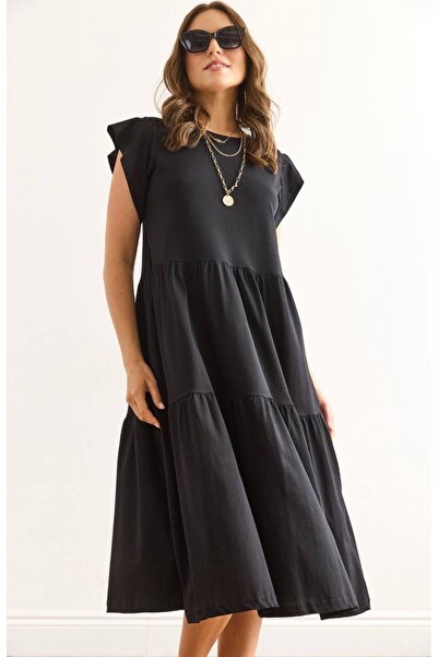 Hazinedan Women's Ruffled Sleeve Segmented Midi Cotton Dress